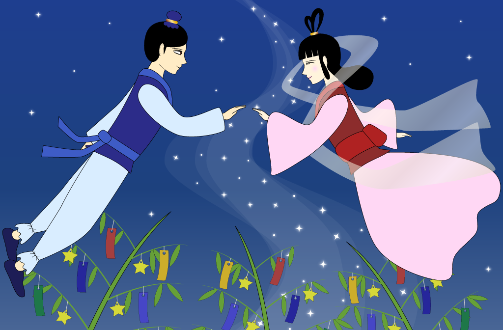 牛郎织女千里相会的卡通图