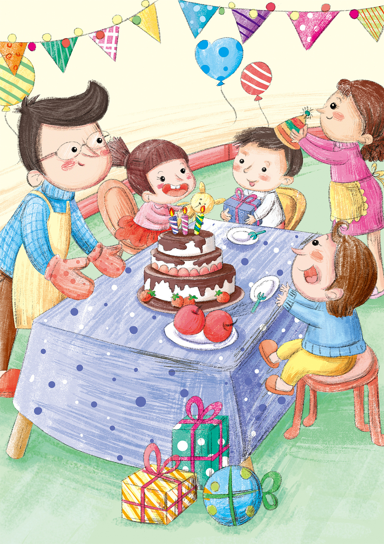 小朋友们一起过生日吃蛋糕的手绘图画