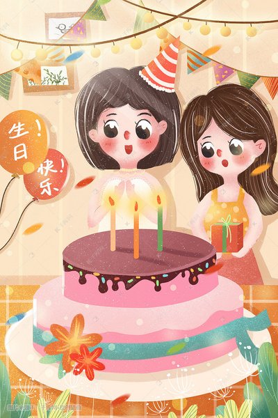 在家点蜡烛过生日的手绘图画